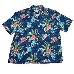 TOMMY BAHAMA 100% SILK BLUE & ORANGE FLORAL SHORT SLEEVE ORIGINAL FIT CAMP SHIRT
